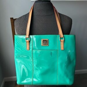 Dooney & Bourke Teal Patent Tote with Tan Leather Straps
